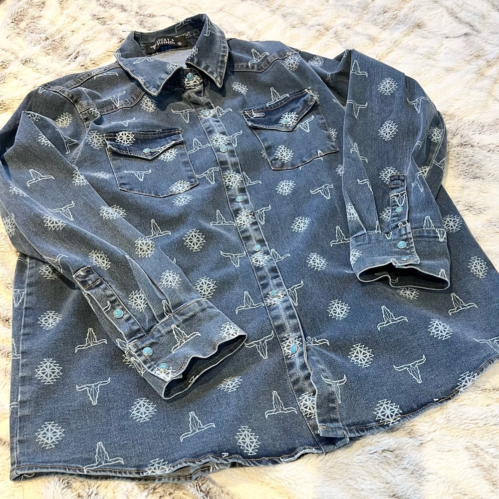 Lucky & Blessed Denim Shirt with Turquoise Snaps White Aztec & Skull print XL